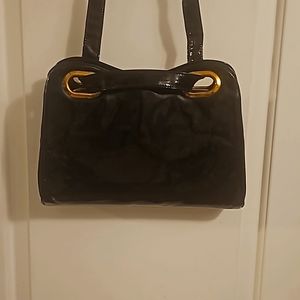 Dove Designer 1950's Black Patent Leather Bag w/Handle, Brass/Goldtone Assets
